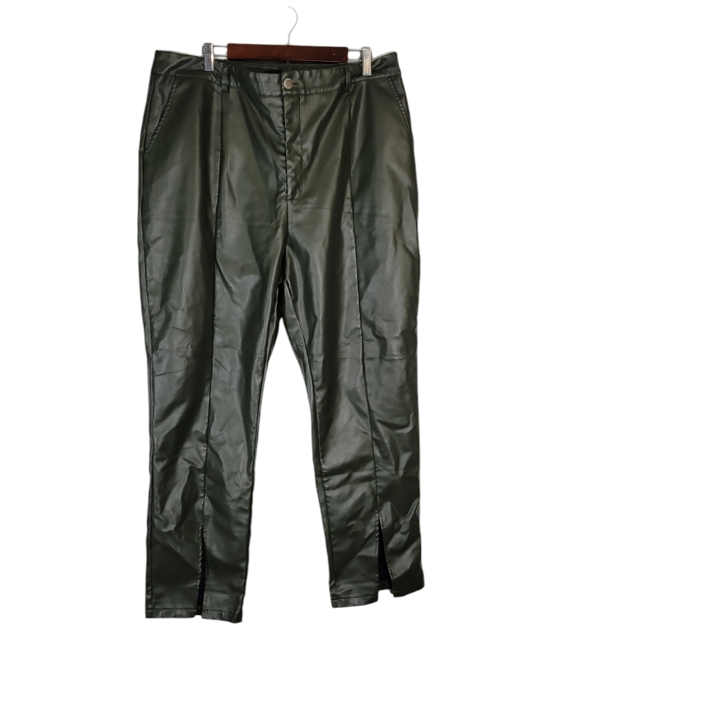 Prettylittlething  faux leather pants Xl Green split hem pockets